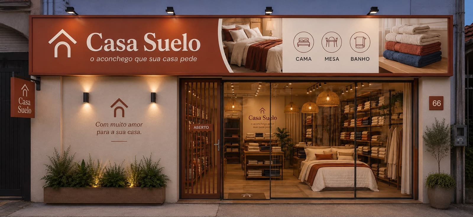 Fachada da loja Casa Suelo ao anoitecer, com as vitrines iluminadas