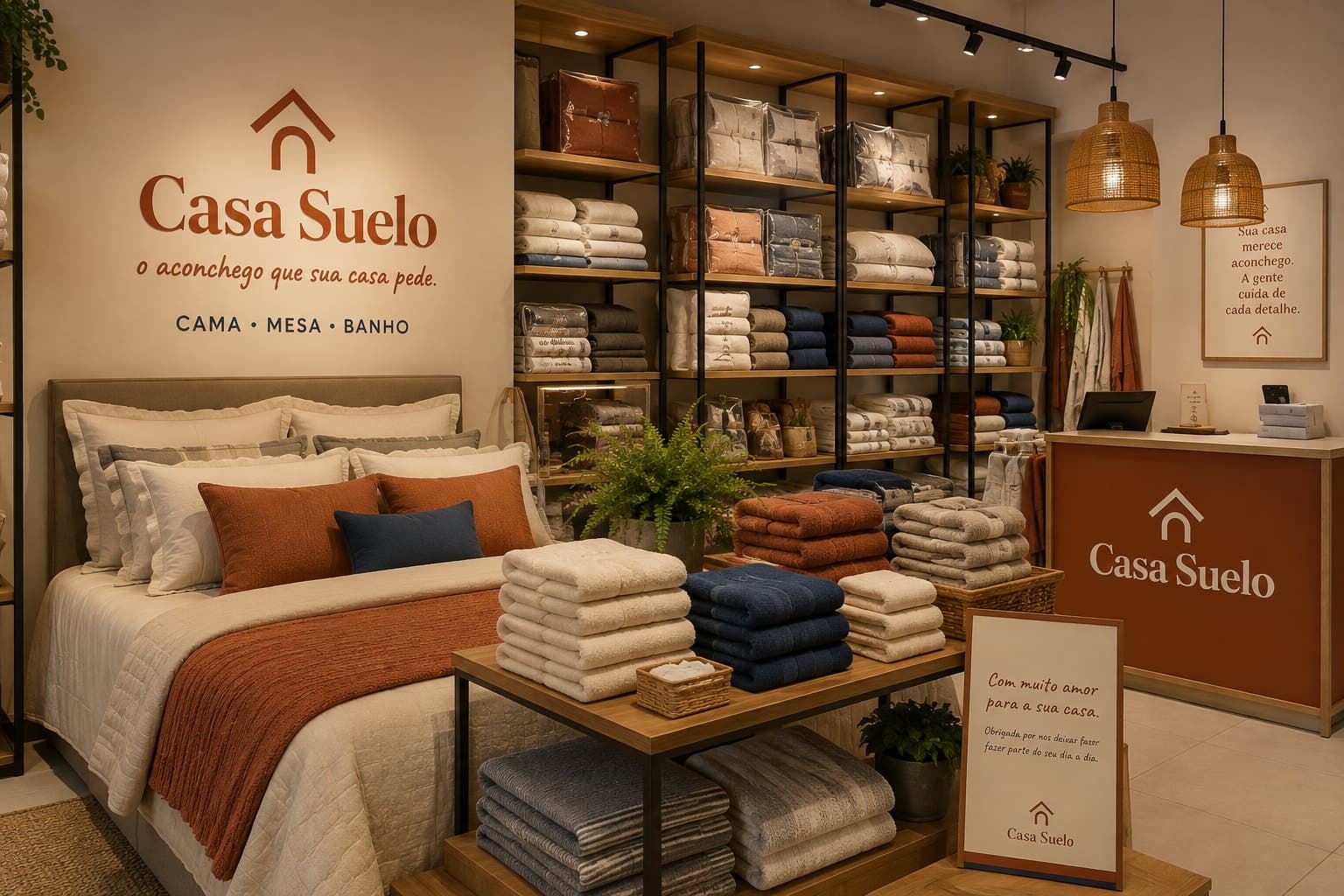 Interior da loja Casa Suelo: cama montada com colcha creme e manta terracota, ao lado das prateleiras de toalhas e roupa de cama